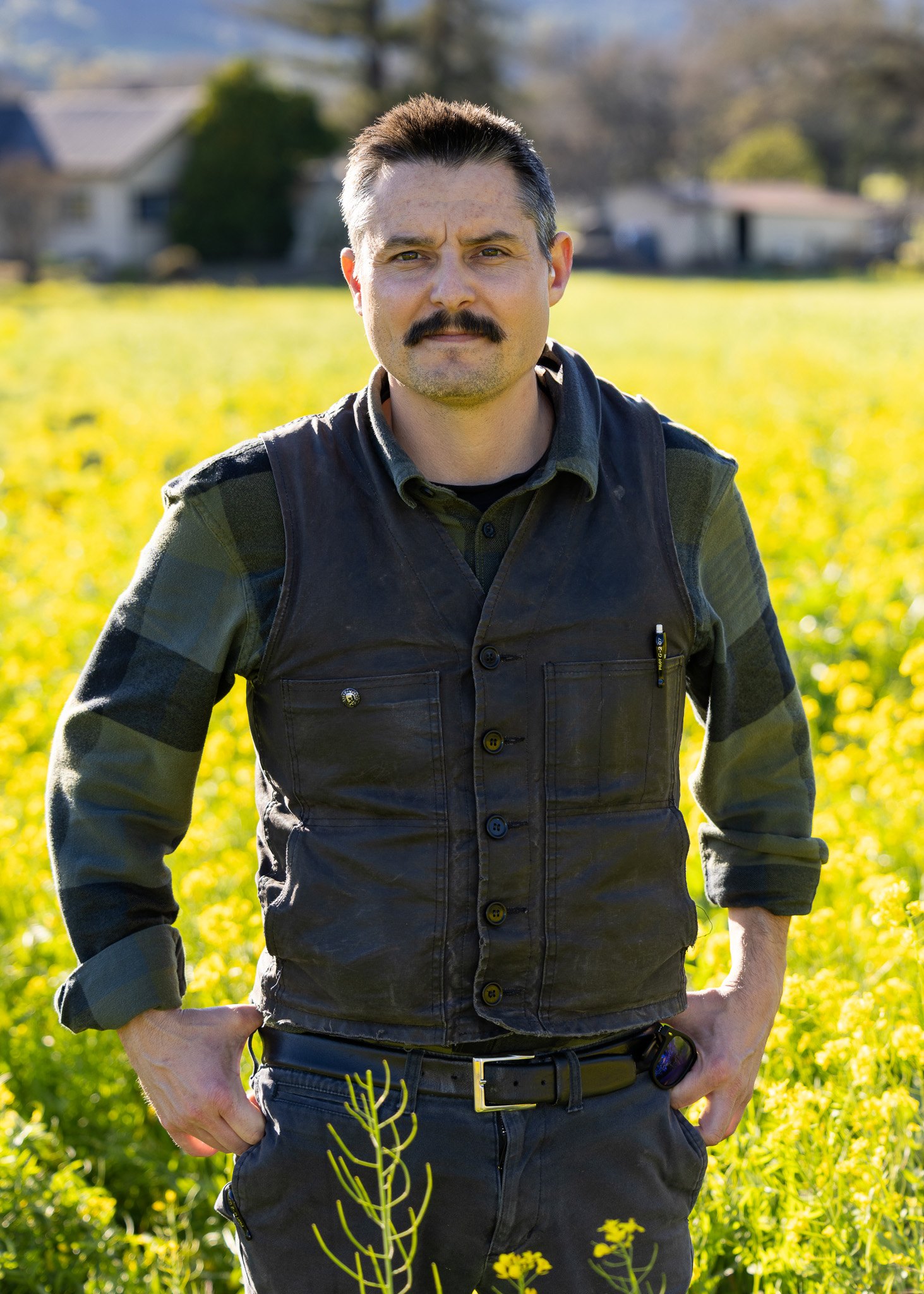Jeff Onysko standing in a mustard cover crop between vine rows in the Napa Valley, in work clothes.