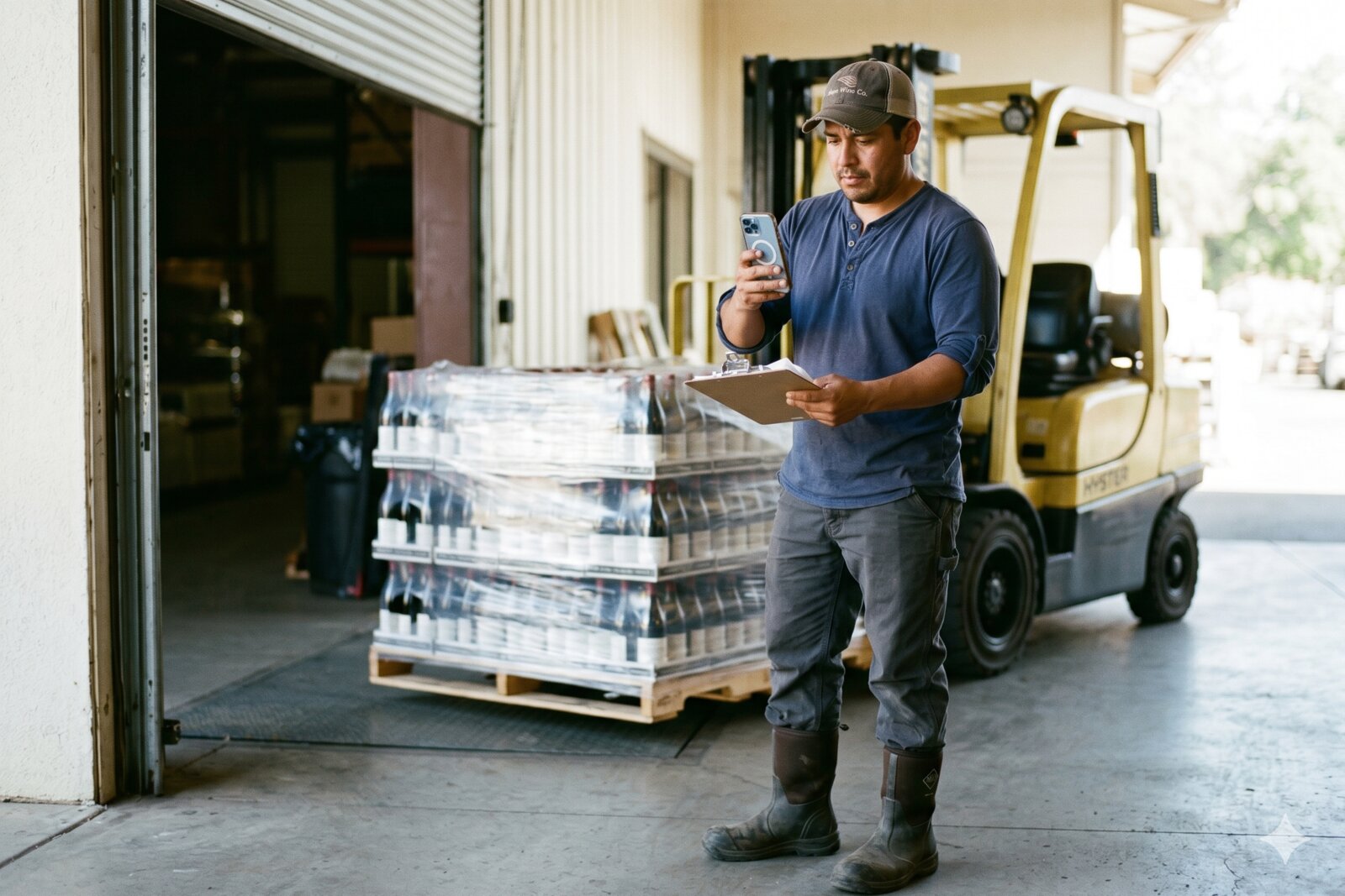 Warehouseman on a Napa Valley winery loading dock photographing a paper Bill of Lading with his phone, pallets of glass bottles freshly unloaded behind him.