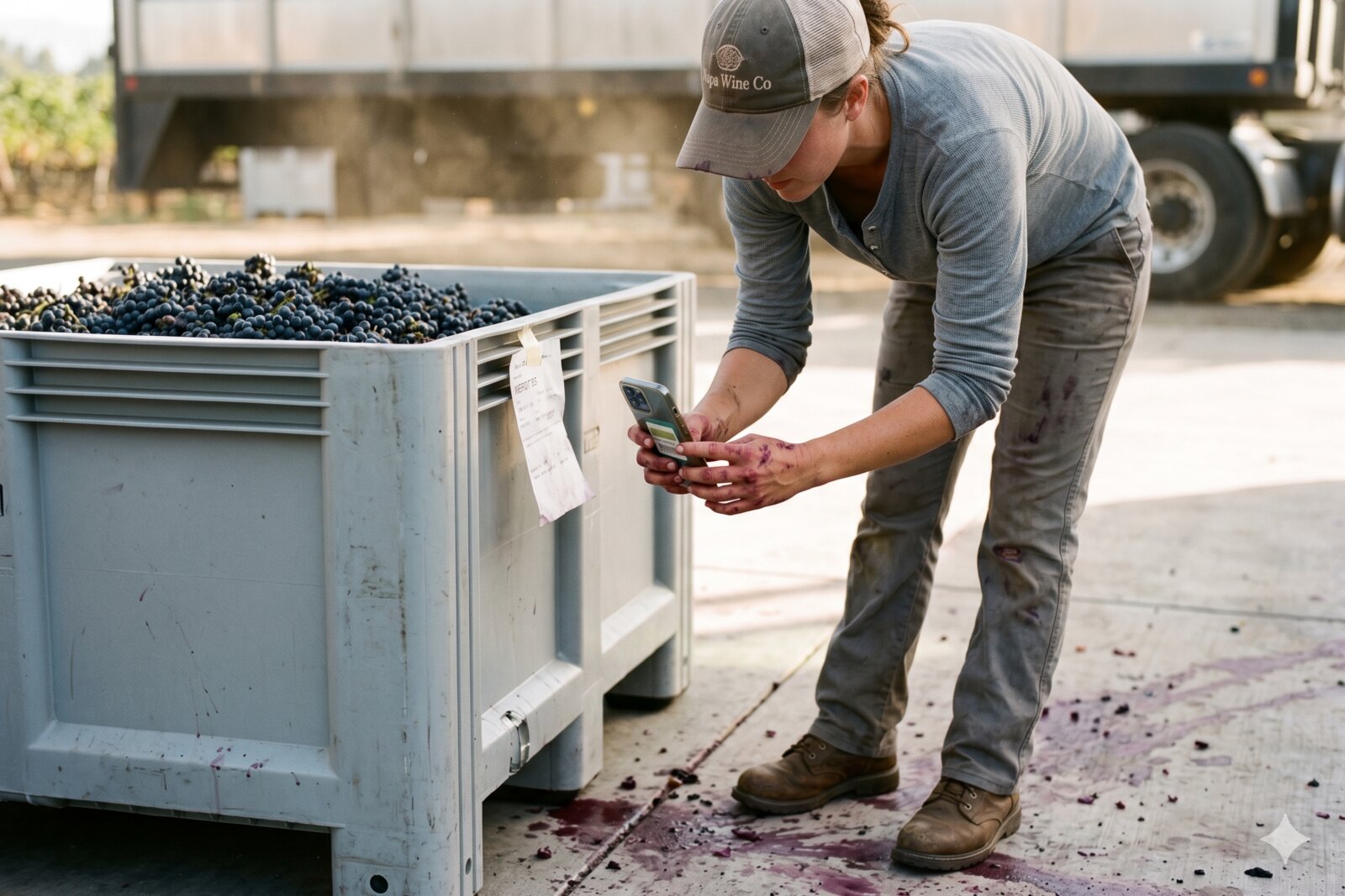 Cellar worker at a Napa Valley crush pad photographing a paper weight tag taped to the side of a half-ton bin of red grapes.