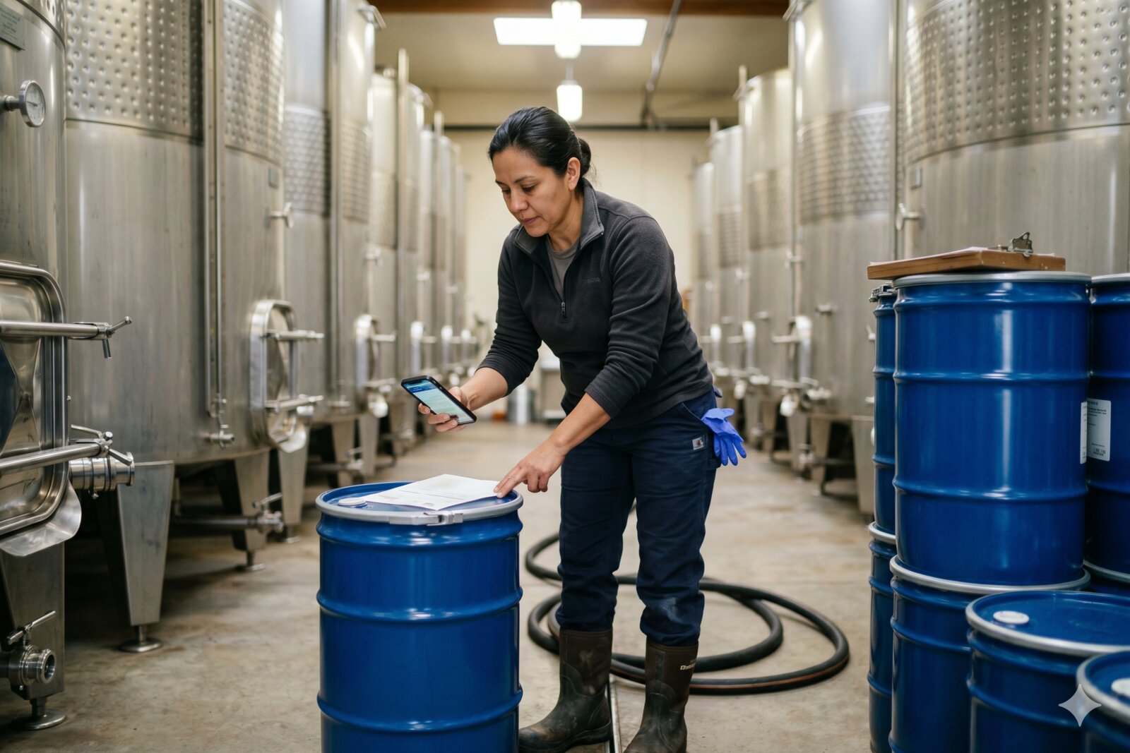 Cellar lead in a stainless tank room photographing a packing slip taped to a drum of winemaking additive.