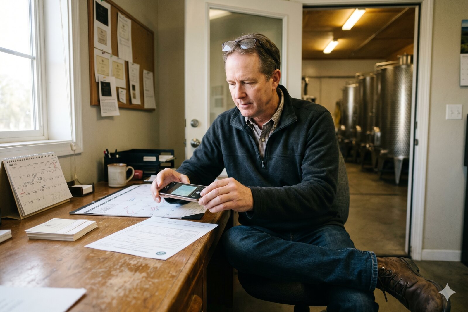 Compliance administrator at a desk in a winery office photographing a TTB Certificate of Label Approval form.
